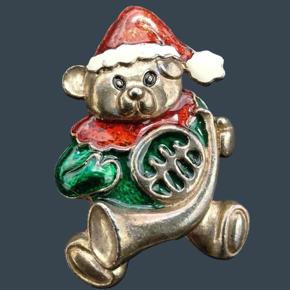 Christmas Teddy Bear Pin Brooch Frecnh Horn Santa Hat Silver Enamel Holiday vtg